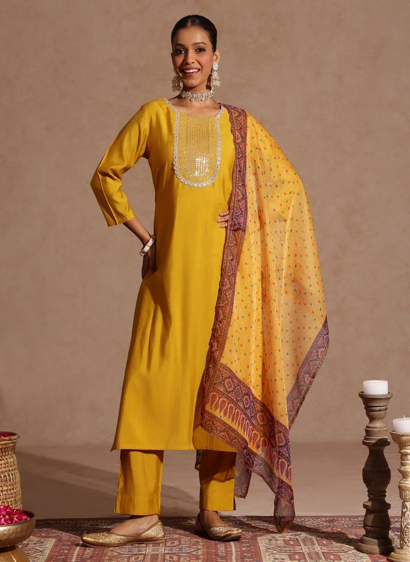 ZERESOUQ Yellow Chanderi Yoke Embroidered 3-Piece Kurta Set